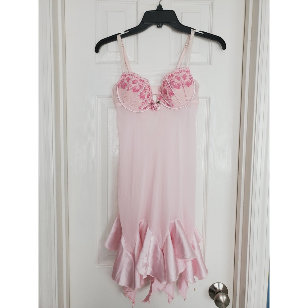 Y2k Delicates Babydoll Chemise Pink Lace Floral Ruffle Trim Lingerie Nightgown S